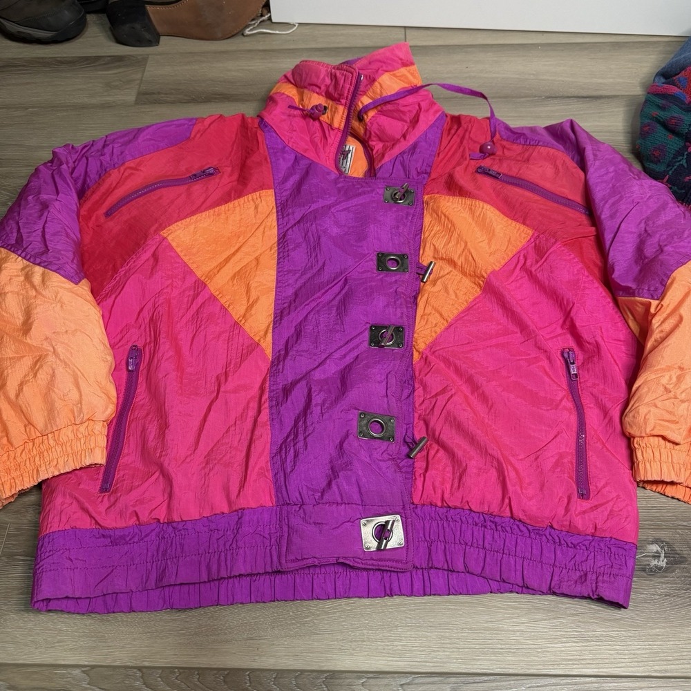 East West Ski Jacket Womens L Puffer Neon Colorblock Vintage 80s 90s Pink Purple